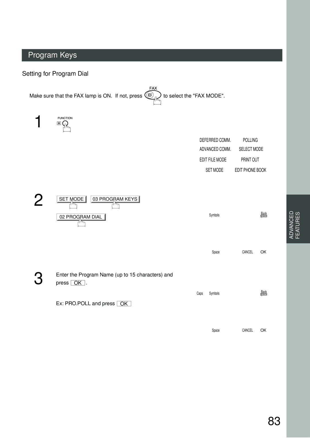 Panasonic DP-3000 Setting for Program Dial, Program Dial Enter Program Name, Enter the Program Name up to 15 characters 