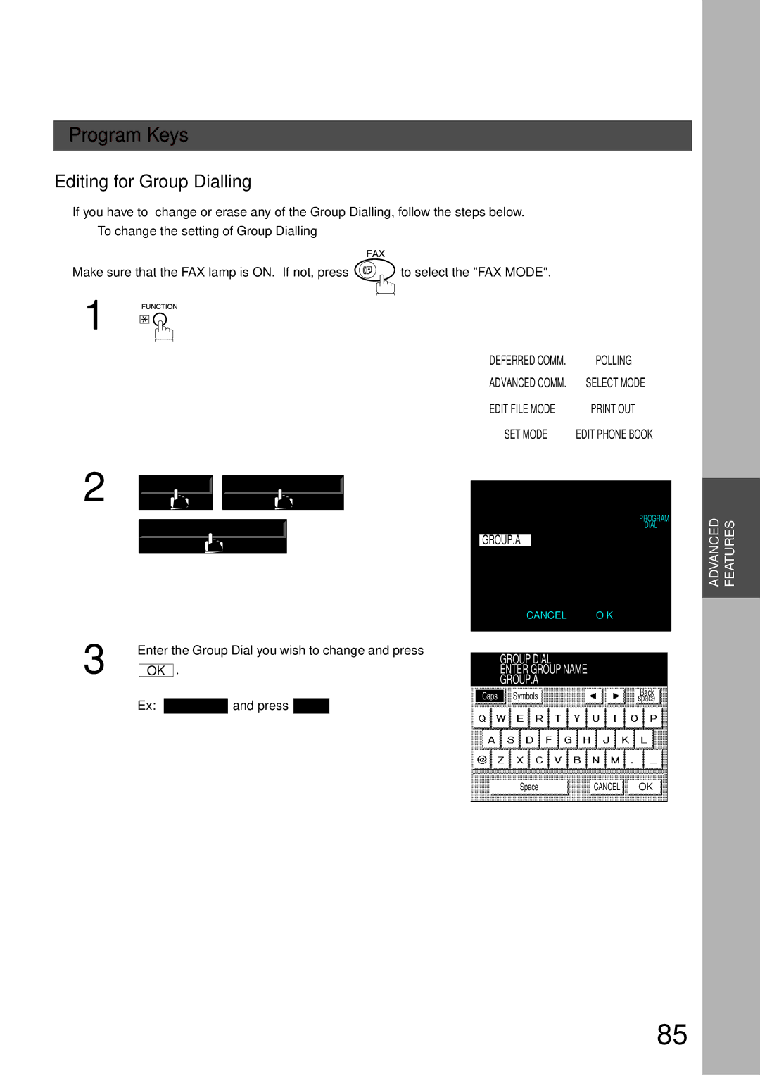 Panasonic DP-3000, DP-2500 Editing for Group Dialling, To change the setting of Group Dialling, Modify Group Dial, Group.A 