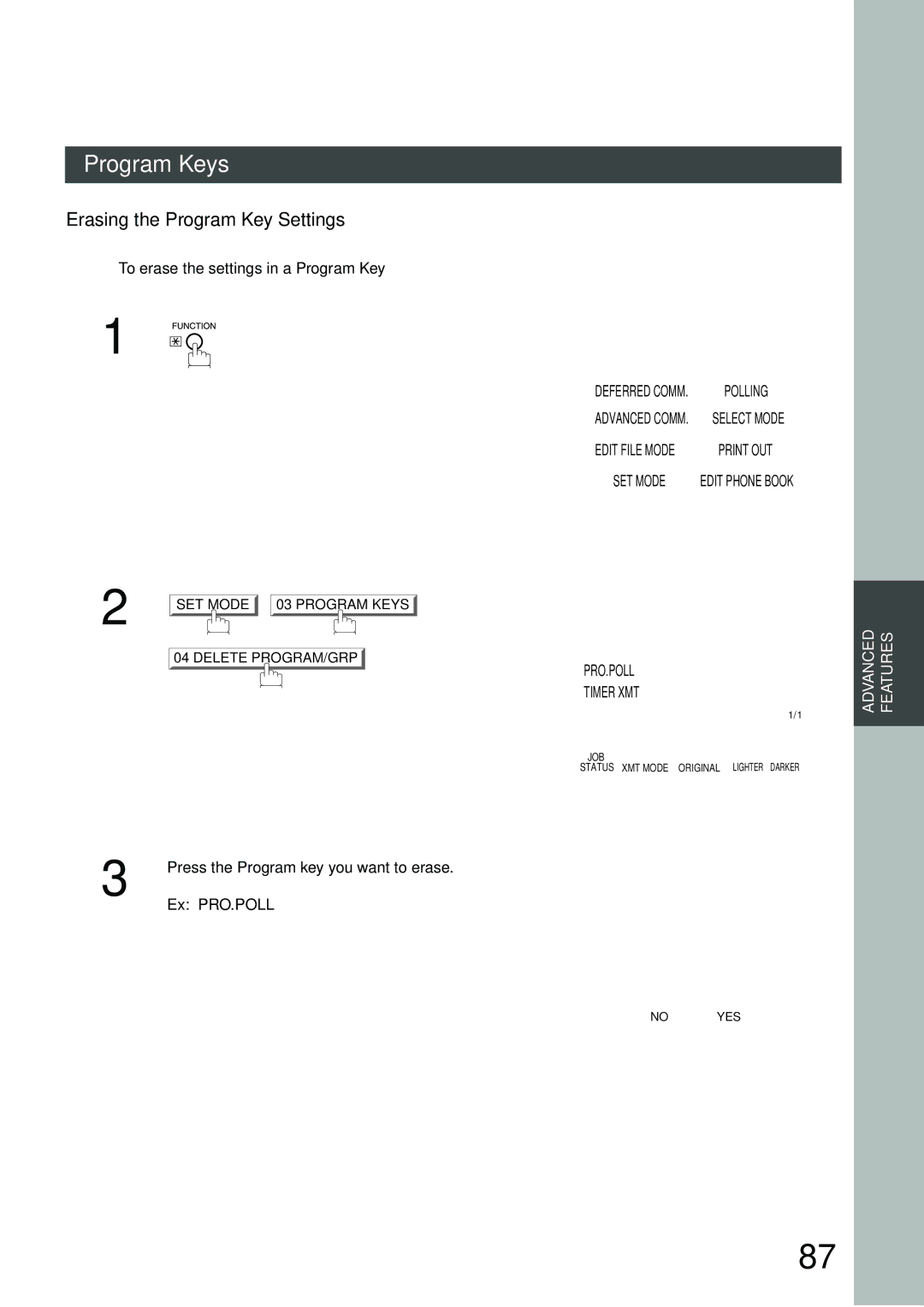 Panasonic DP-3000 Erasing the Program Key Settings, To erase the settings in a Program Key, Delete PROGRAM/GRP PRO.POLL 