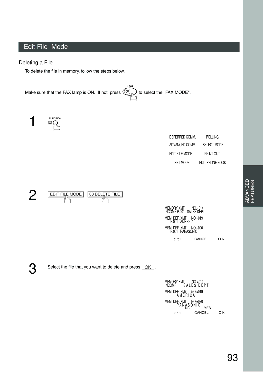 Panasonic DP-3000 Deleting a File, Delete File Check Setting Press OK, Select the file that you want to delete and press 