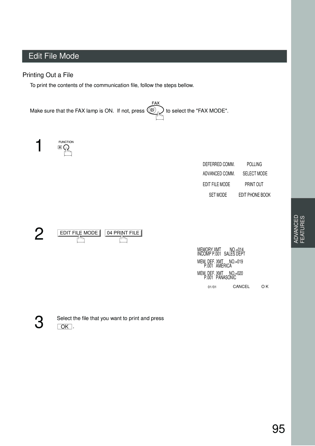 Panasonic DP-3000 Printing Out a File, Print File Check Setting Press OK, Select the file that you want to print and press 