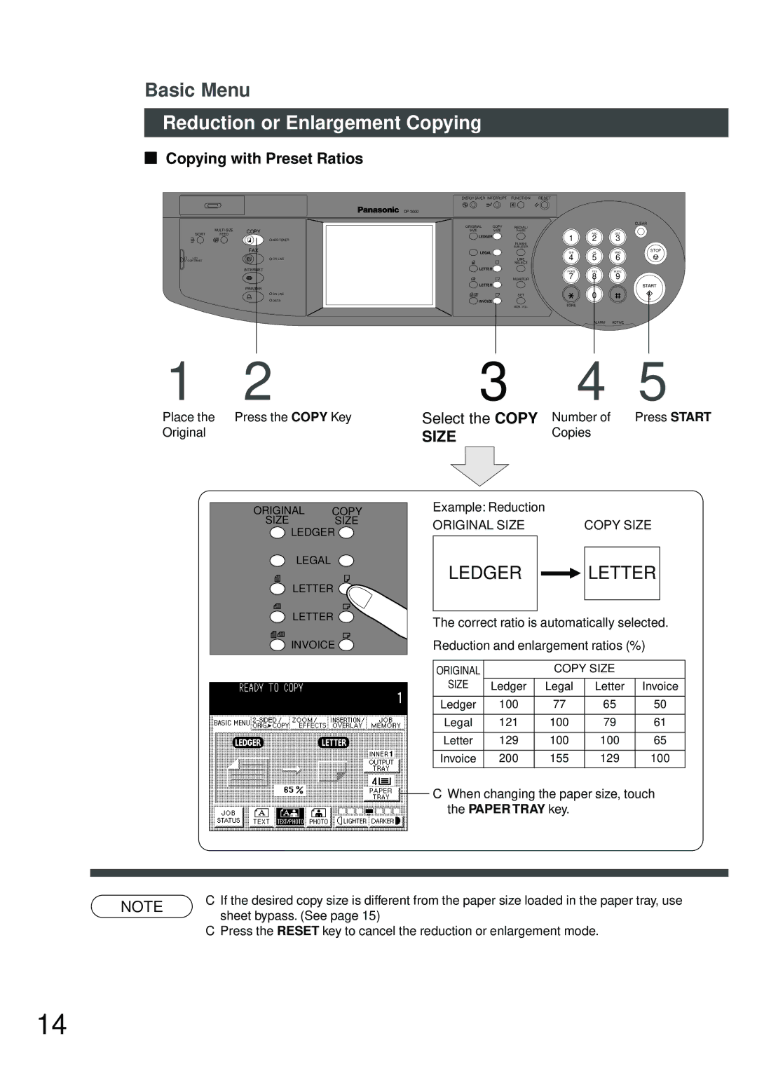 Panasonic DP-2500 manual Reduction or Enlargement Copying, Copying with Preset Ratios, Select the Copy 