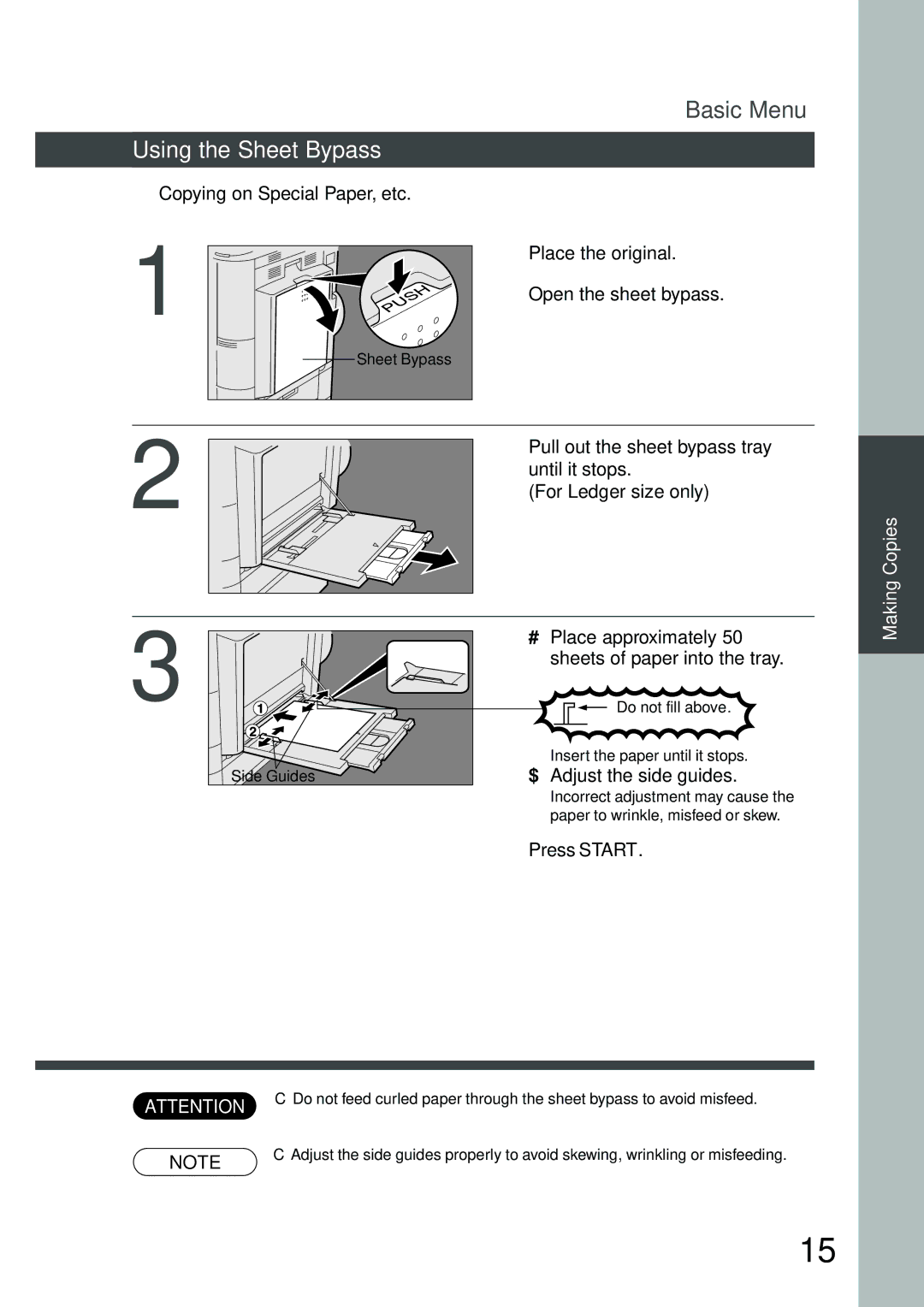 Panasonic DP-2500 manual Using the Sheet Bypass, Copying on Special Paper, etc, $Adjust the side guides, Press Start 