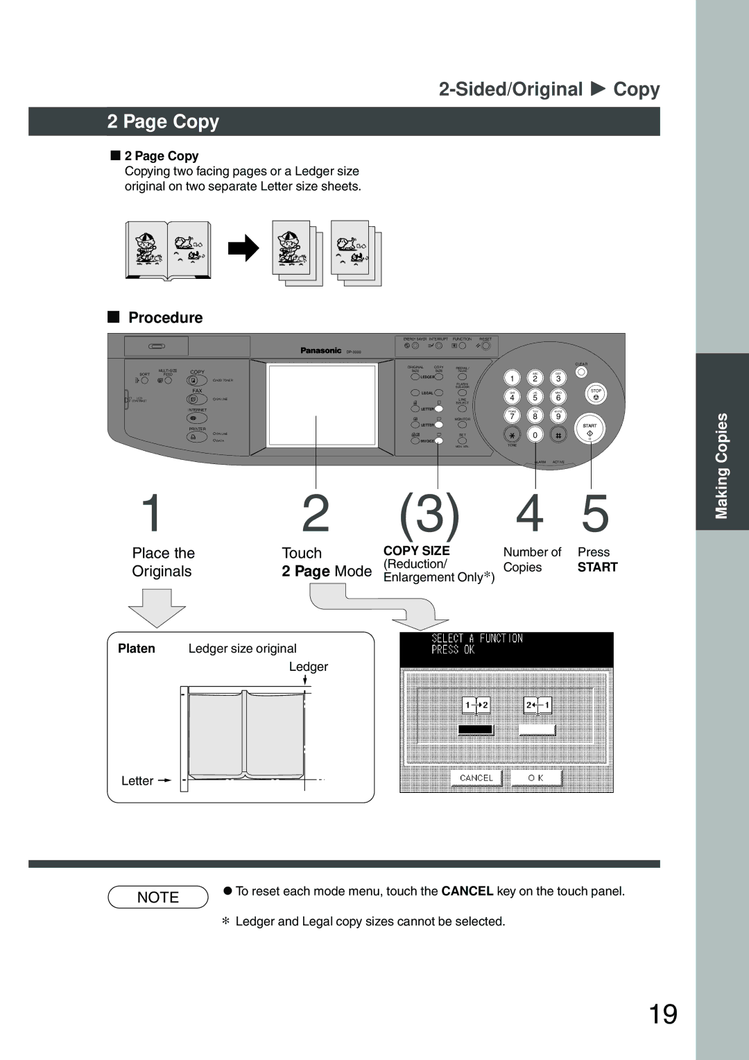 Panasonic DP-2500 manual Copy, Place Touch, Originals, Mode 