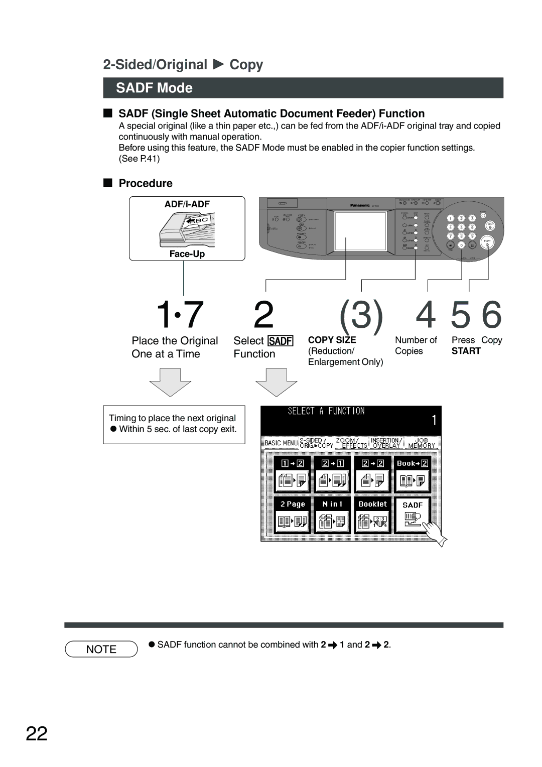 Panasonic DP-2500 manual Sadf Mode, Sadf Single Sheet Automatic Document Feeder Function 