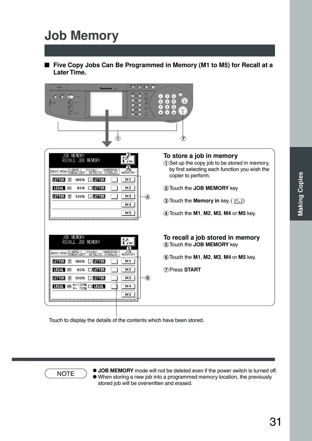 Panasonic DP-2500 manual Job Memory, To store a job in memory, To recall a job stored in memory 