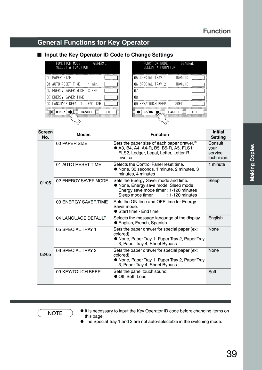 Panasonic DP-2500 manual General Functions for Key Operator, Input the Key Operator ID Code to Change Settings 