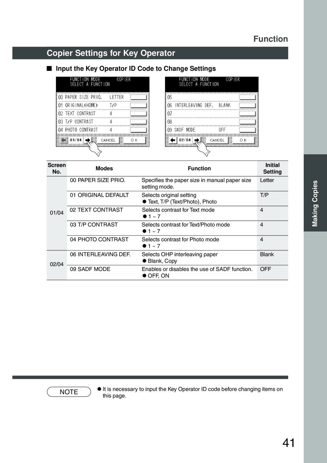 Panasonic DP-2500 manual Copier Settings for Key Operator 