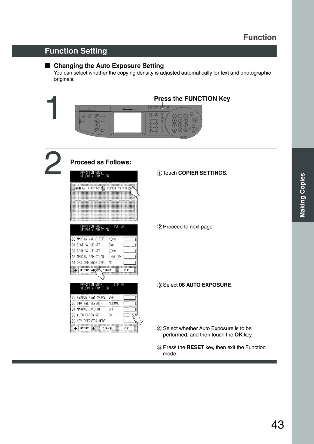 Panasonic DP-2500 manual Function Setting, Changing the Auto Exposure Setting, Proceed as Follows, #Touch Copier Settings 