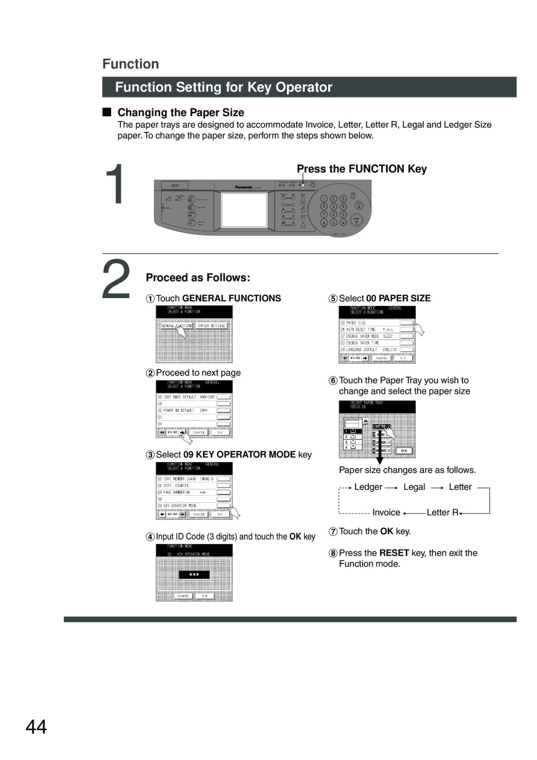 Panasonic DP-2500 manual Function Setting for Key Operator, Changing the Paper Size, #Touch General Functions 