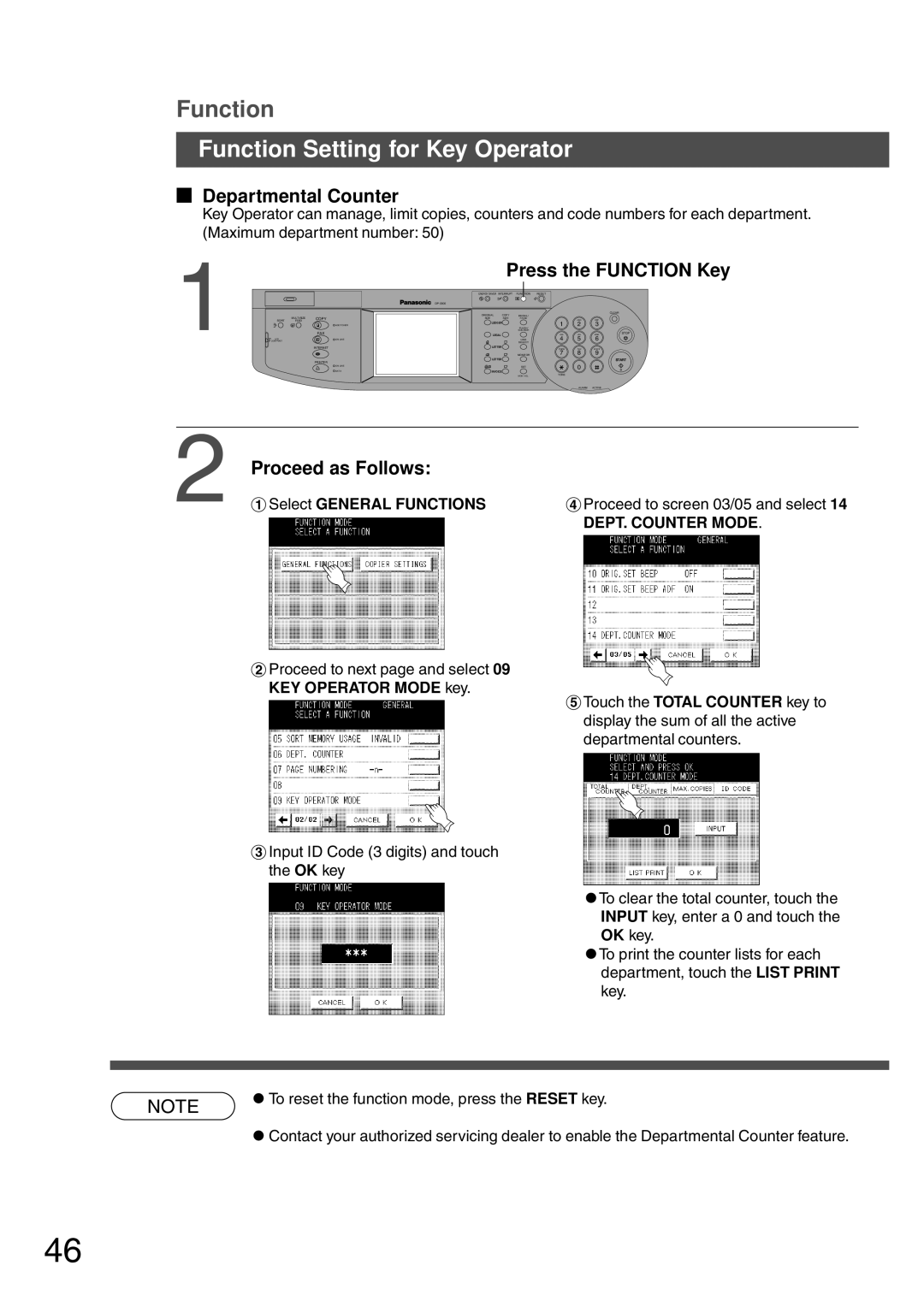 Panasonic DP-2500 manual Departmental Counter, # Select General Functions, KEY Operator Mode key 