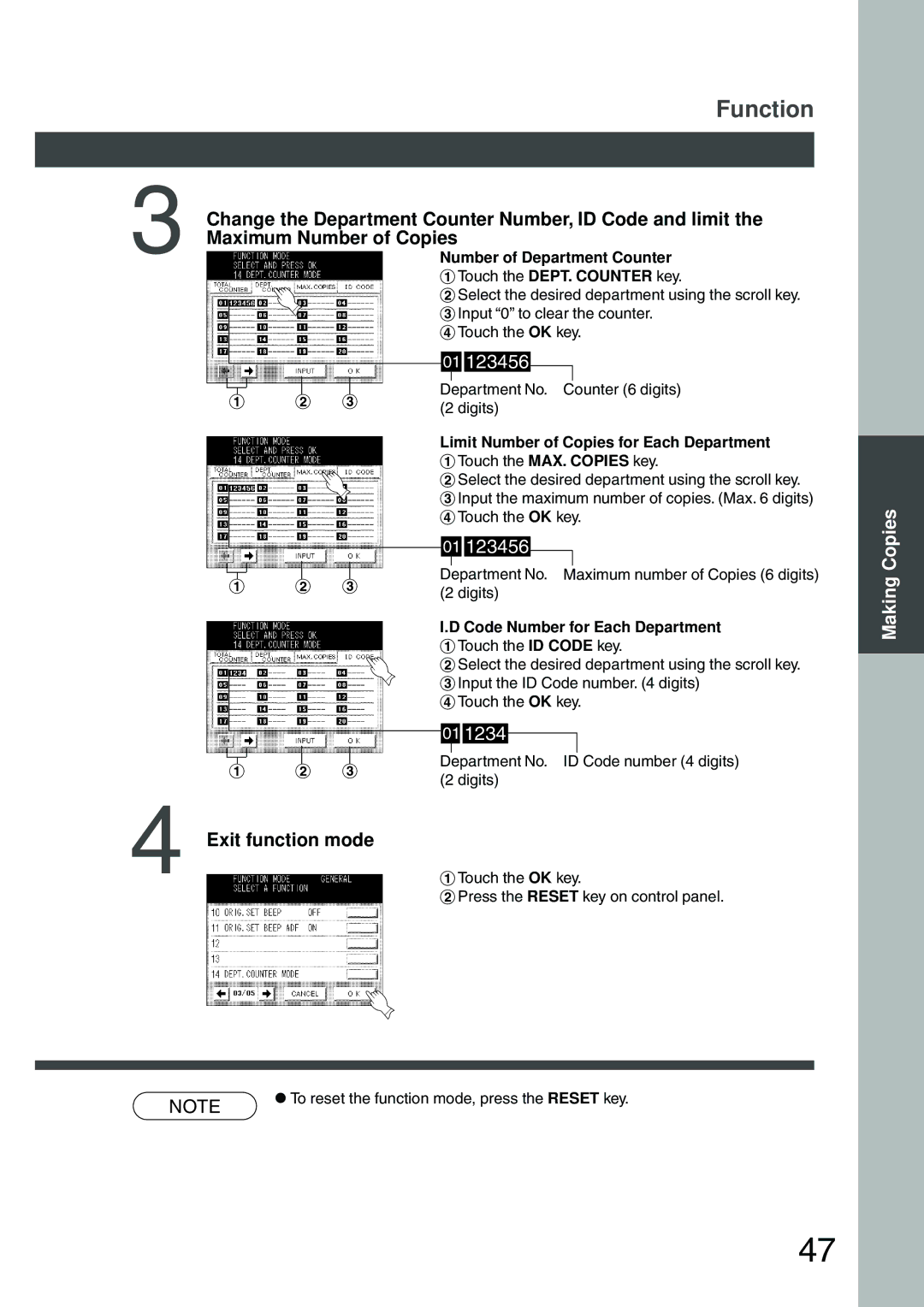 Panasonic DP-2500 Change the Department Counter Number, ID Code and limit, Maximum Number of Copies, Exit function mode 