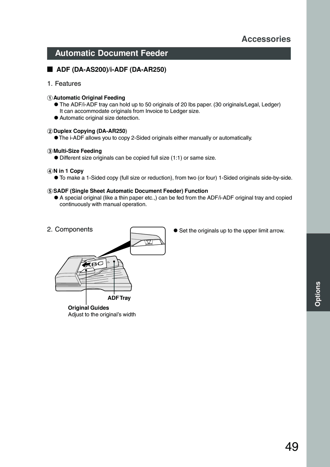 Panasonic DP-2500 manual Automatic Document Feeder, ADF DA-AS200/i-ADF DA-AR250, Features, Components 