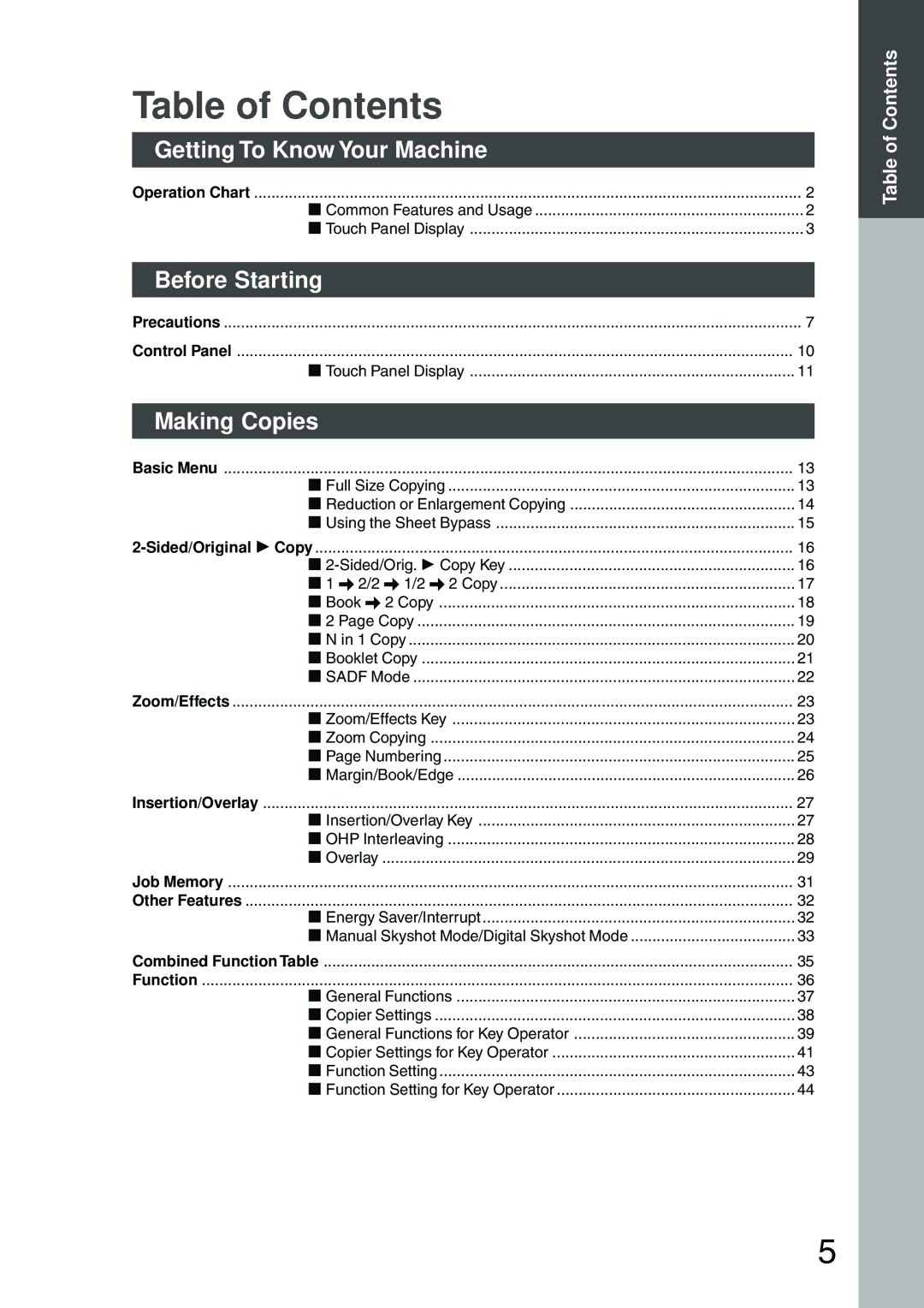 Panasonic DP-2500 manual Table of Contents 