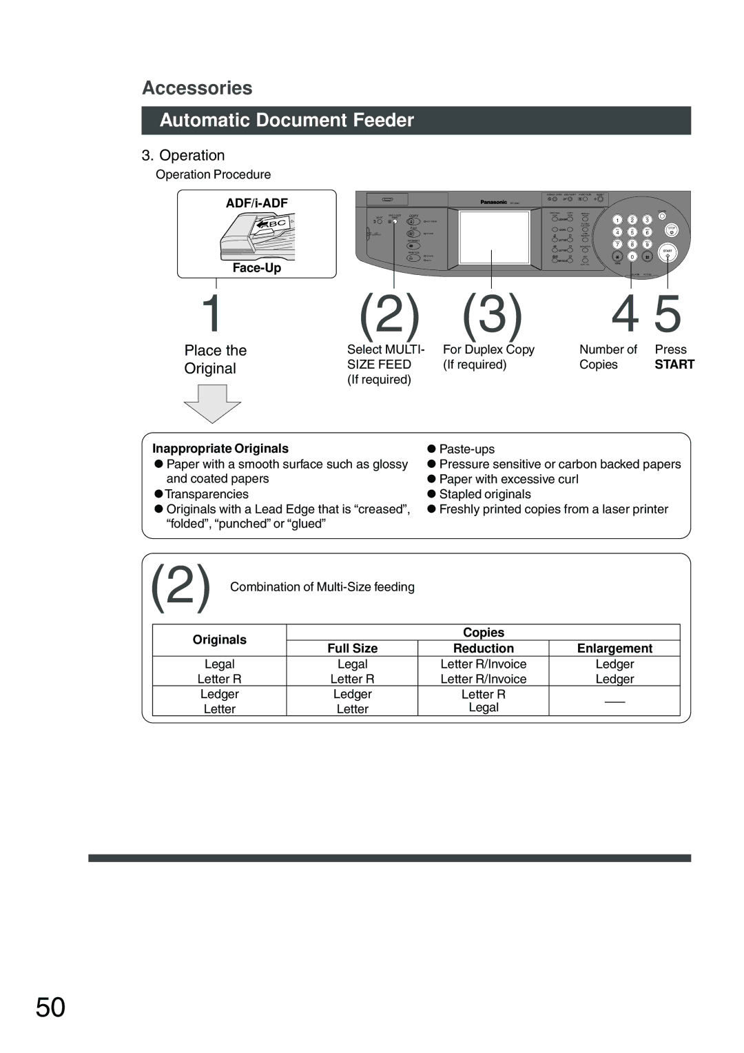 Panasonic DP-2500 manual Operation, Place, Original 