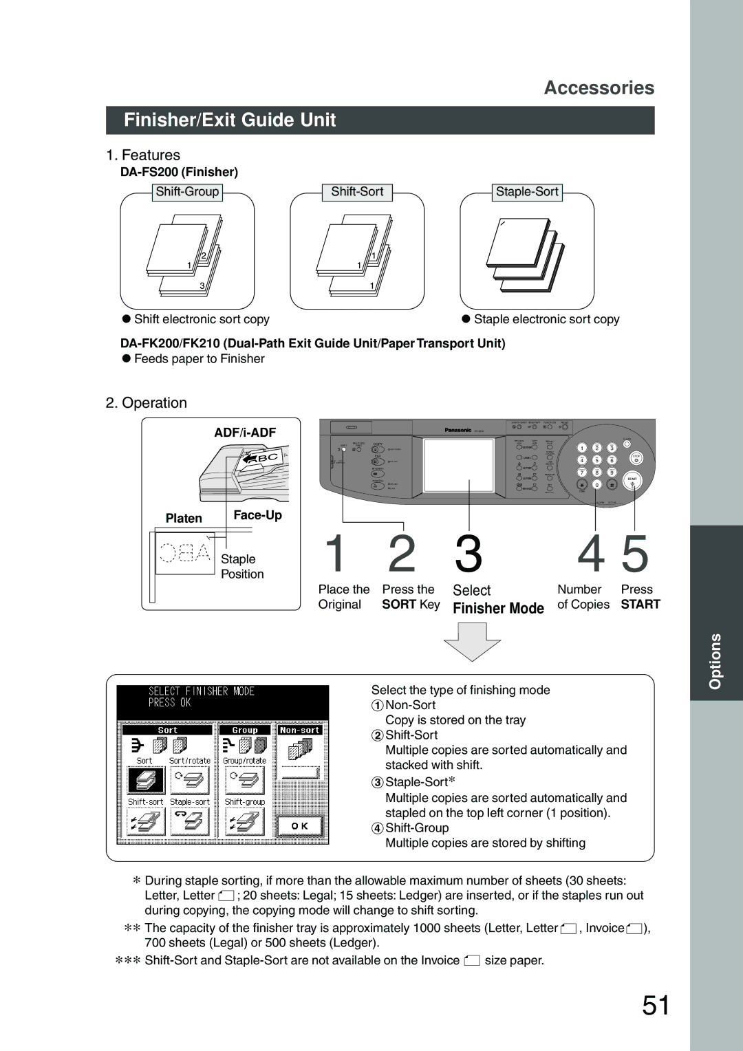 Panasonic DP-2500 manual Finisher/Exit Guide Unit, Finisher Mode, DA-FS200 Finisher, Platen Face-Up, Sort Key 