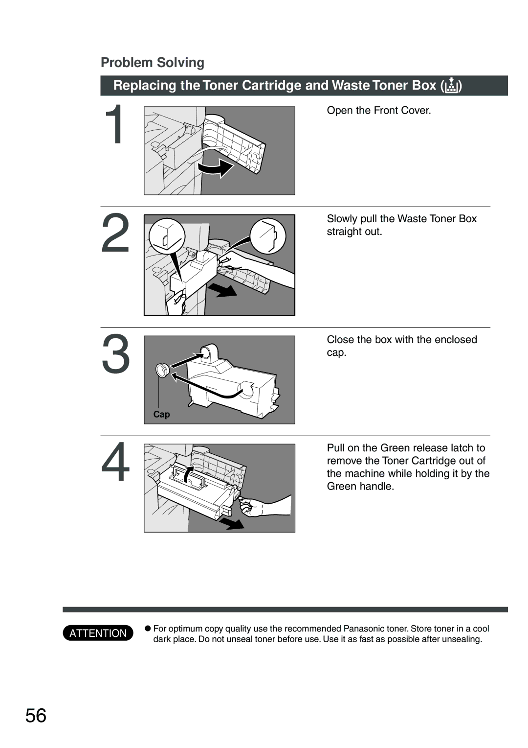 Panasonic DP-2500 manual Replacing the Toner Cartridge and Waste Toner Box ?, Open the Front Cover, Straight out, Cap 