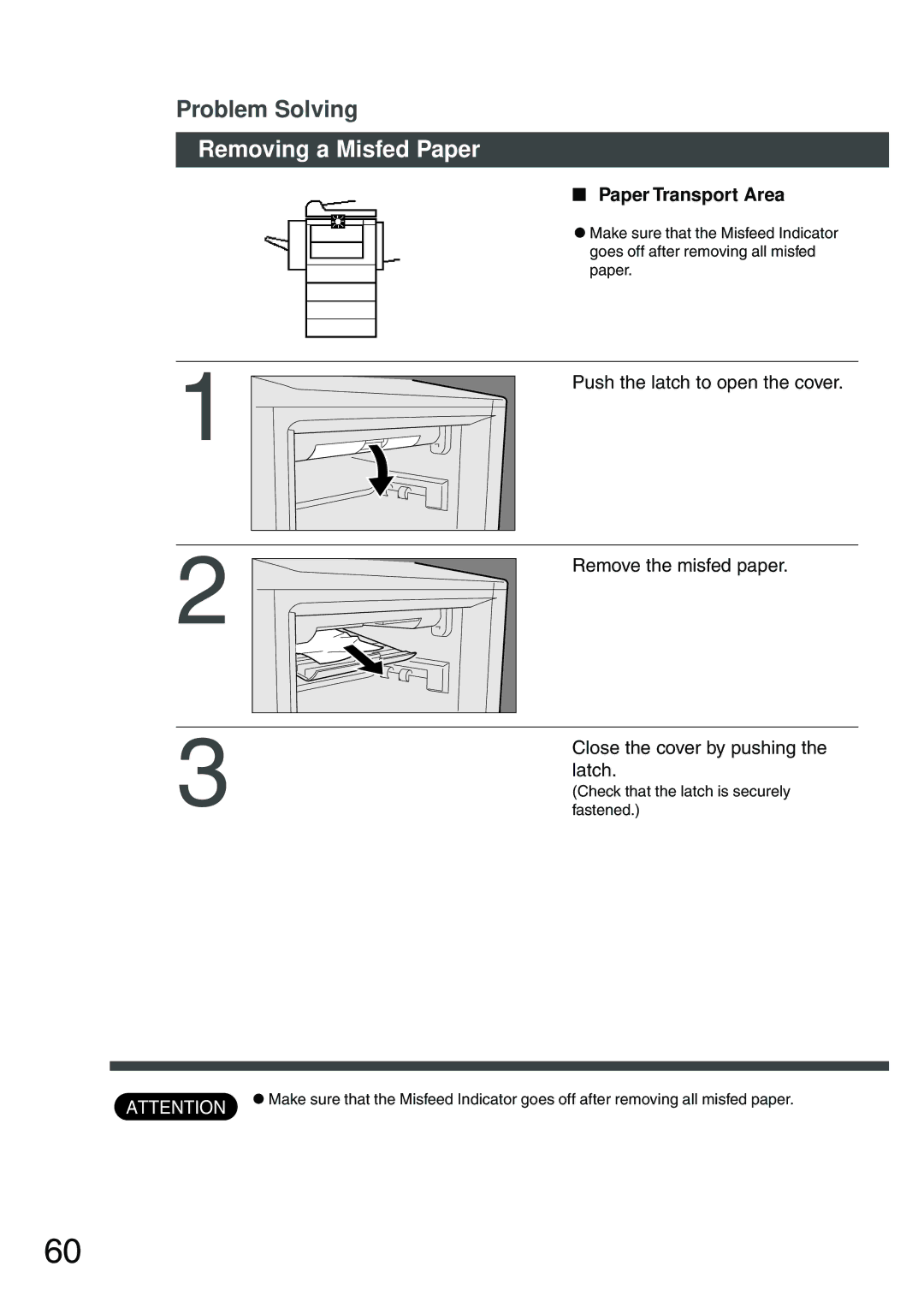 Panasonic DP-2500 manual Paper Transport Area, Push the latch to open the cover, Remove the misfed paper, Latch 