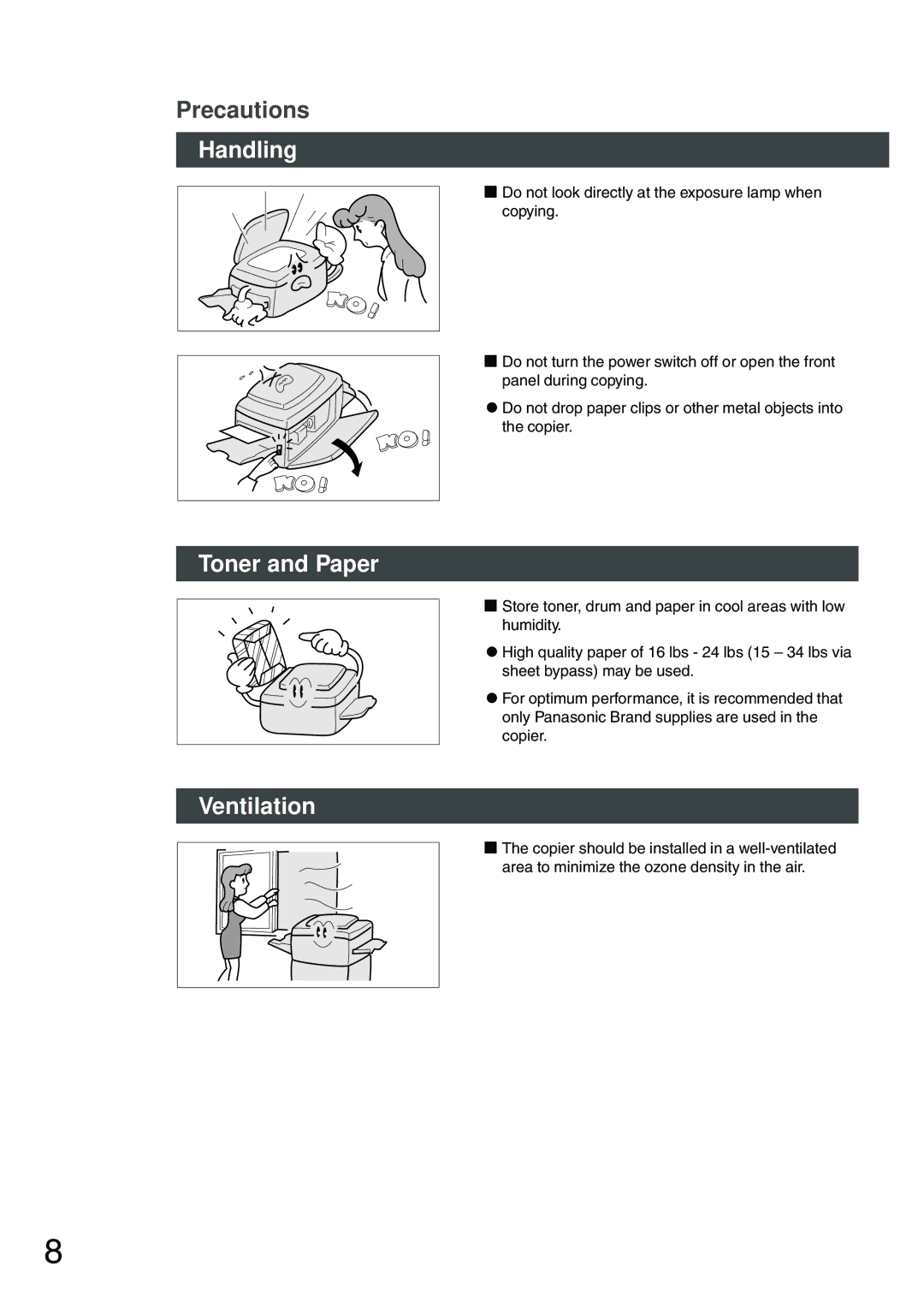 Panasonic DP-2500 manual Handling, Toner and Paper Ventilation 