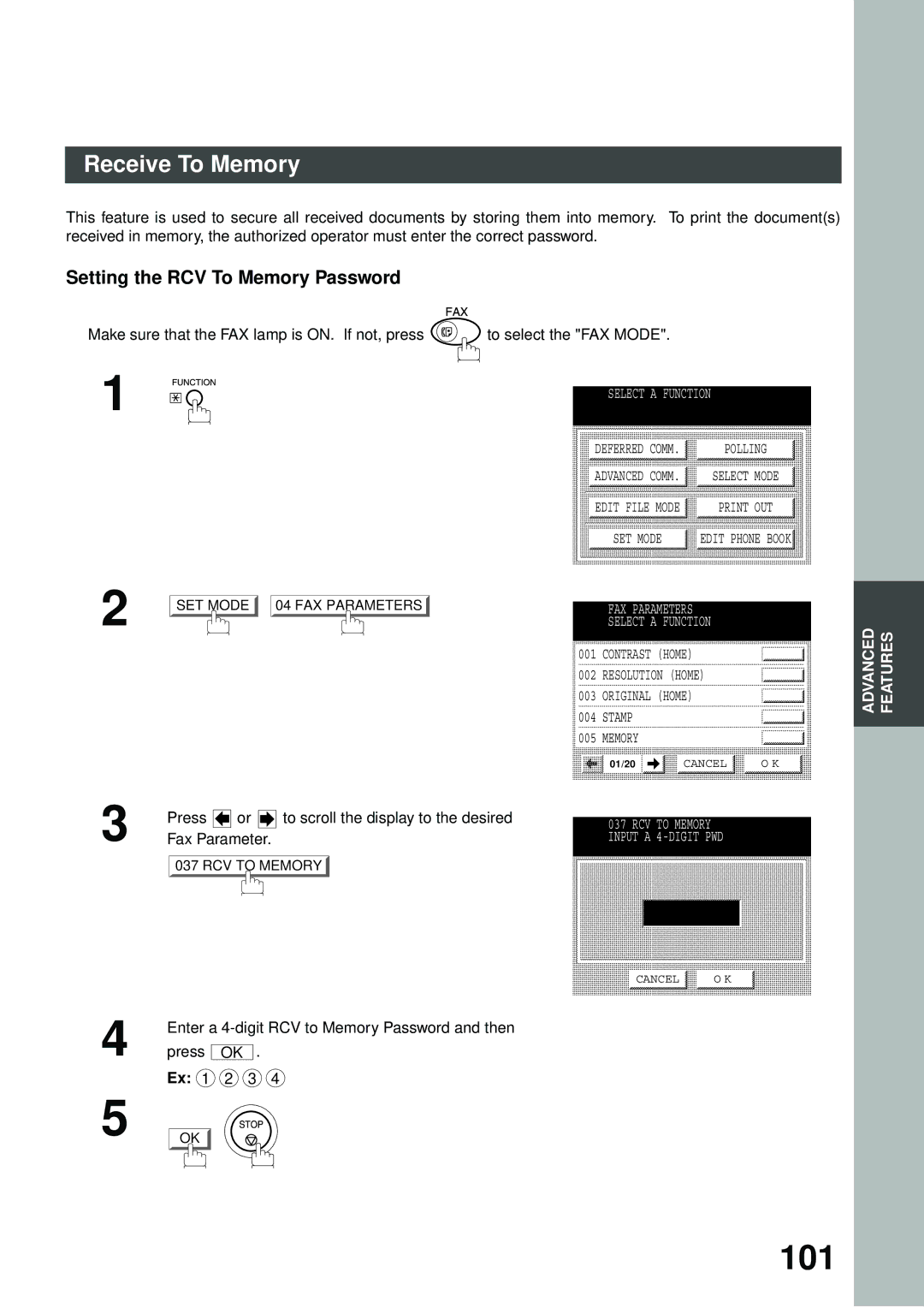 Panasonic DP-2500/3000 manual 101, Receive To Memory, Setting the RCV To Memory Password, Ex 1 2 3 