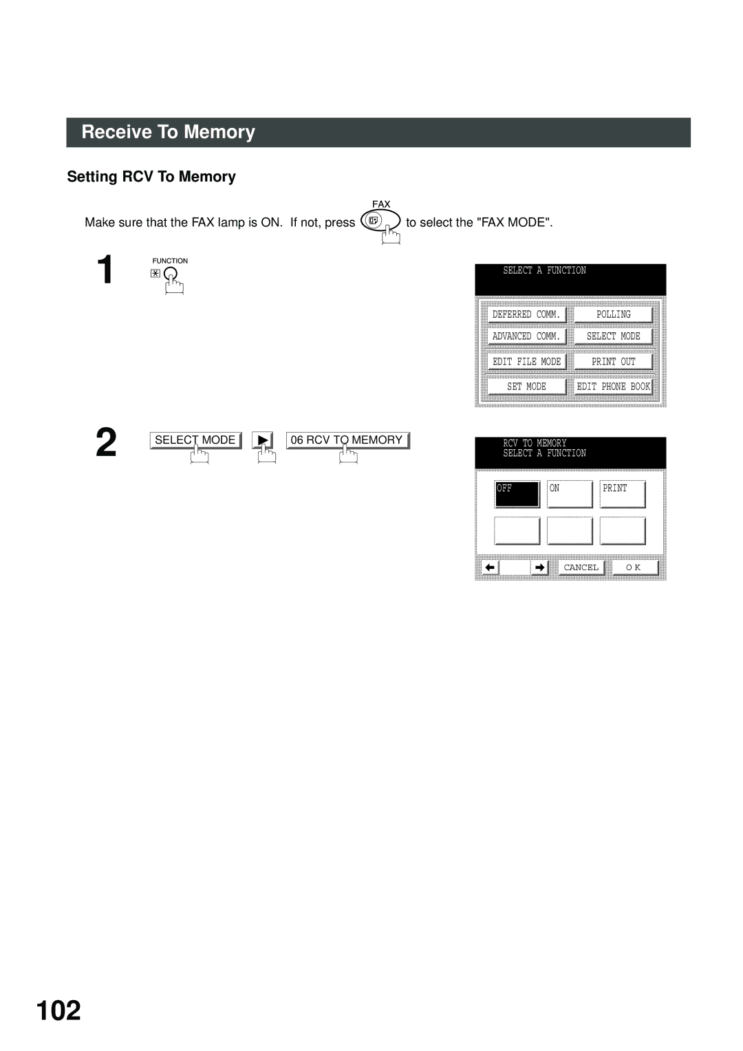 Panasonic DP-2500/3000 manual 102, Setting RCV To Memory 