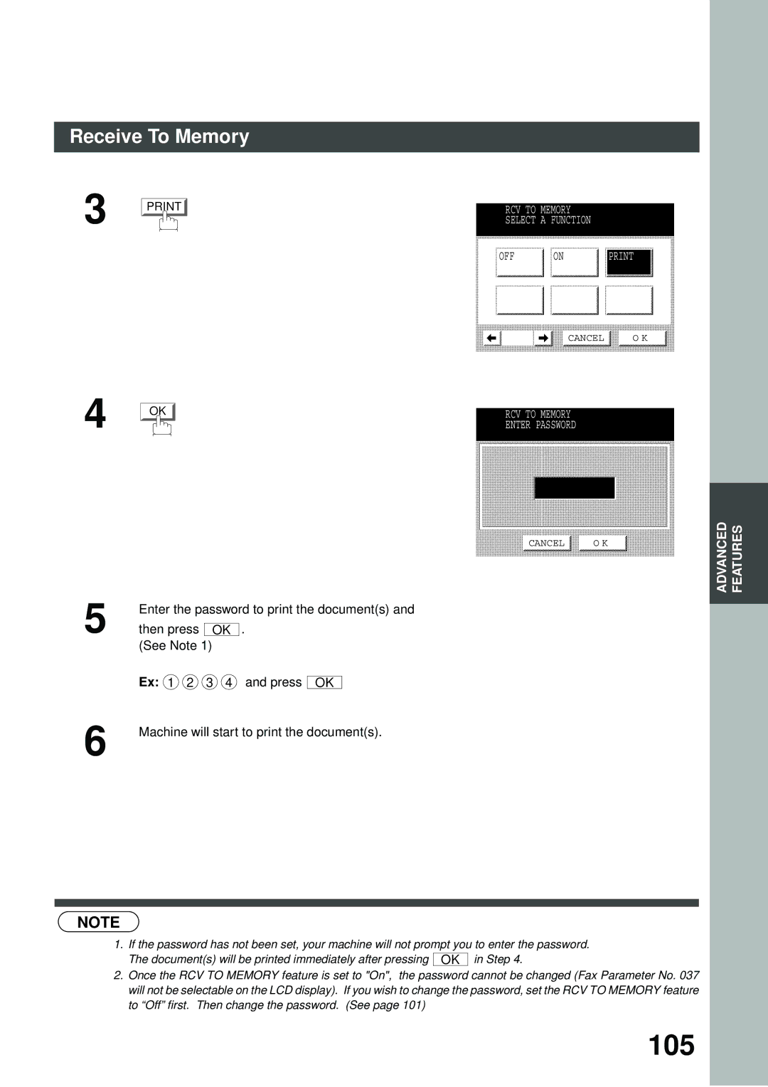 Panasonic DP-2500/3000 manual 105, Enter the password to print the documents, Then press See Note, Ex 1 