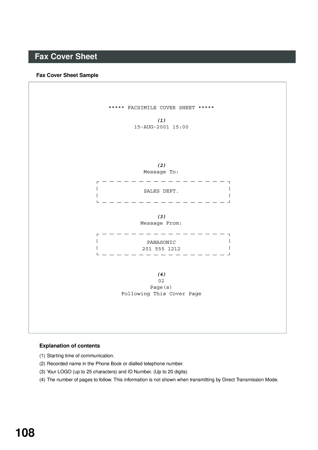 Panasonic DP-2500/3000 manual 108, Fax Cover Sheet Sample 