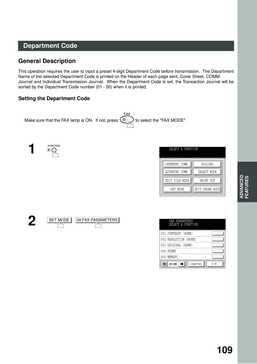 Panasonic DP-2500/3000 manual 109, General Description, Setting the Department Code 