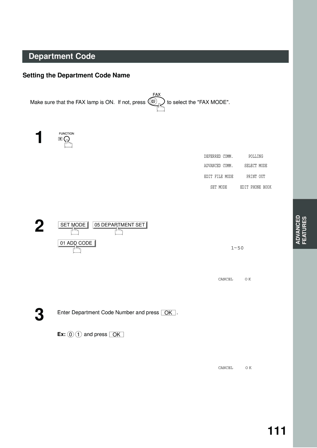 Panasonic DP-2500/3000 manual 111, Setting the Department Code Name, Enter Department Code Number and press, ADD Code 