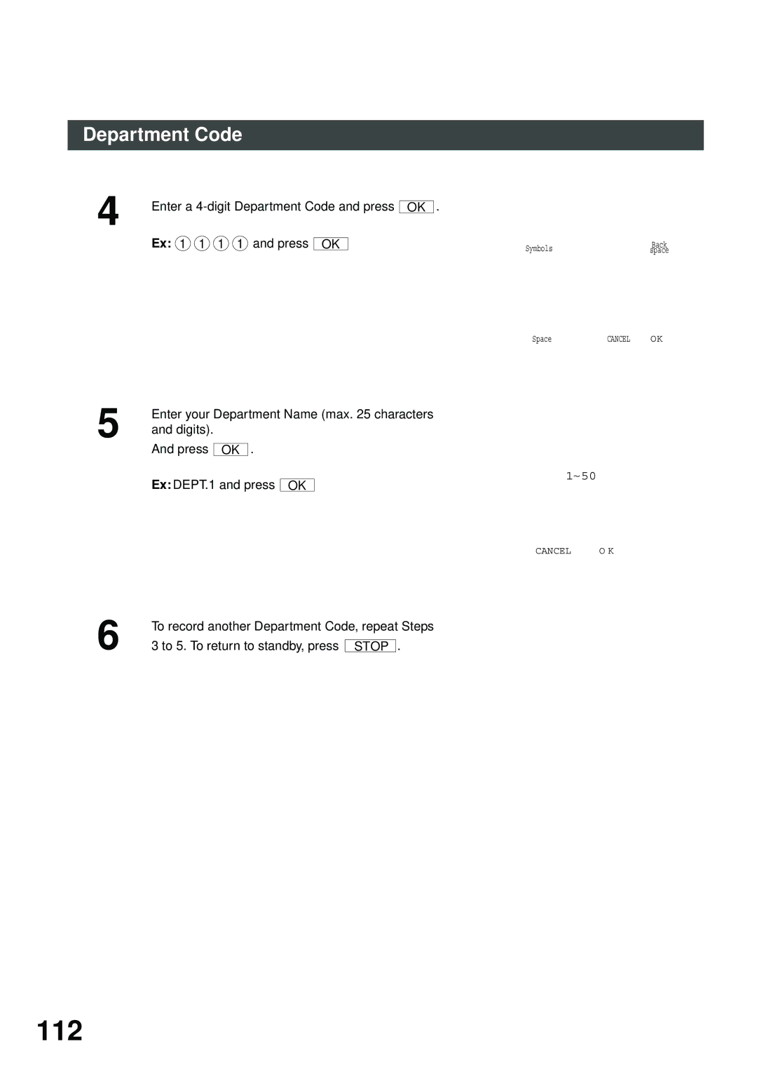 Panasonic DP-2500/3000 manual 112, Enter a 4-digit Department Code and press, Ex 1 1 1 1 and press, ADD Code Enter Name 