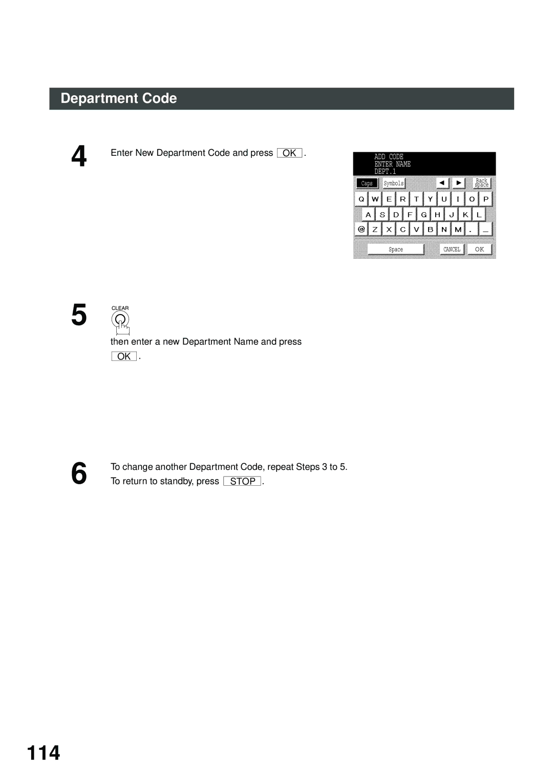 Panasonic DP-2500/3000 manual 114, Enter New Department Code and press, DEPT.1 