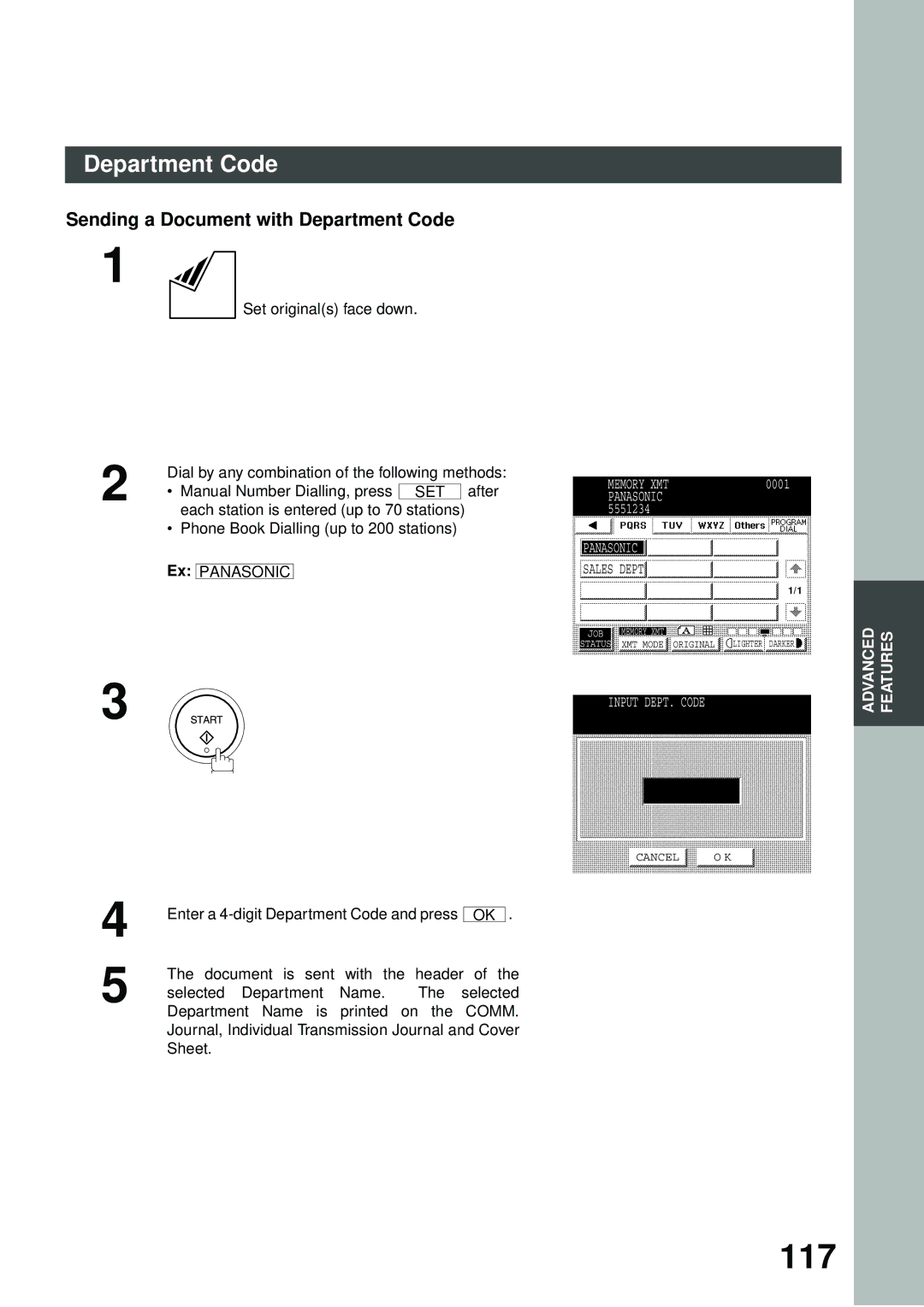 Panasonic DP-2500/3000 manual 117, Sending a Document with Department Code, Panasonic Sales Dept, Input DEPT. Code 