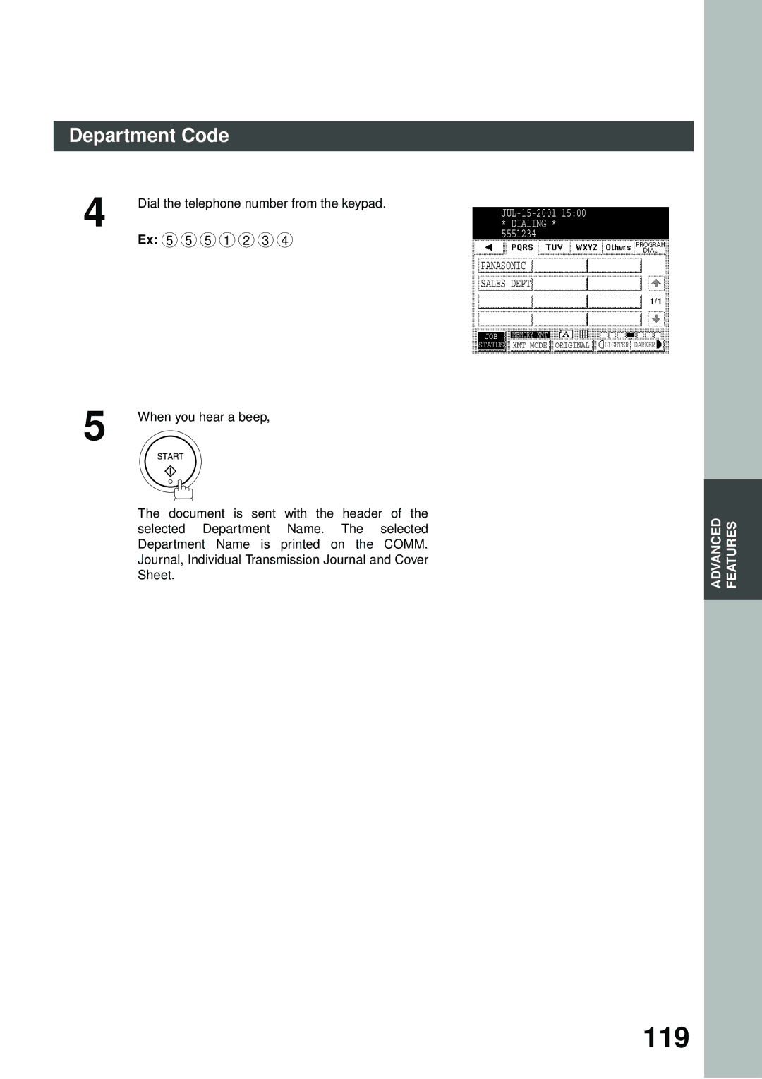 Panasonic DP-2500/3000 manual 119, Dial the telephone number from the keypad 