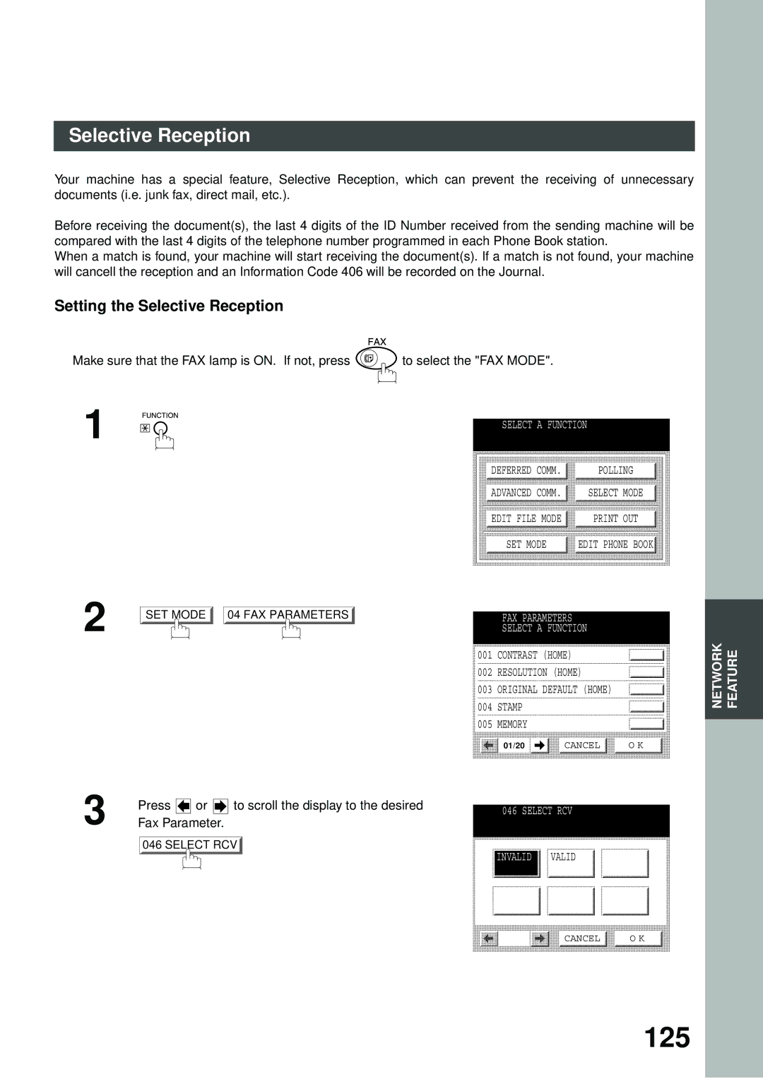 Panasonic DP-2500/3000 manual 125, Setting the Selective Reception, FAX Parameters Select a Function 