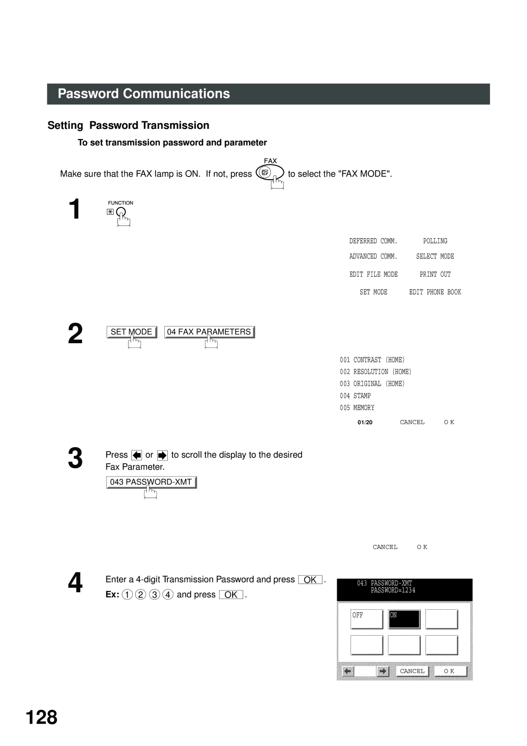 Panasonic DP-2500/3000 manual 128, Setting Password Transmission, To set transmission password and parameter 