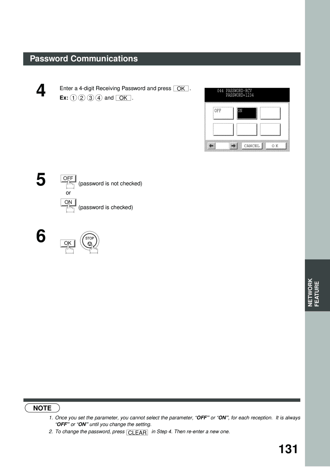 Panasonic DP-2500/3000 manual 131, Enter a 4-digit Receiving Password and press, Ex 1 2 3 4 