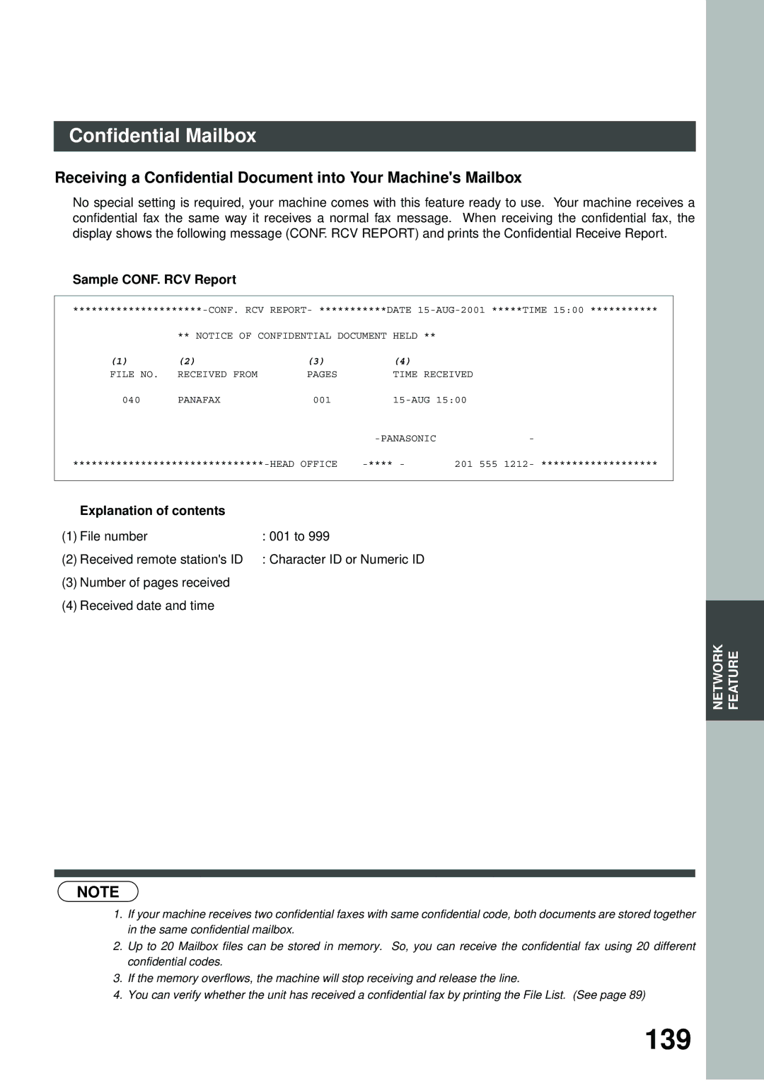 Panasonic DP-2500/3000 manual 139, Sample CONF. RCV Report 