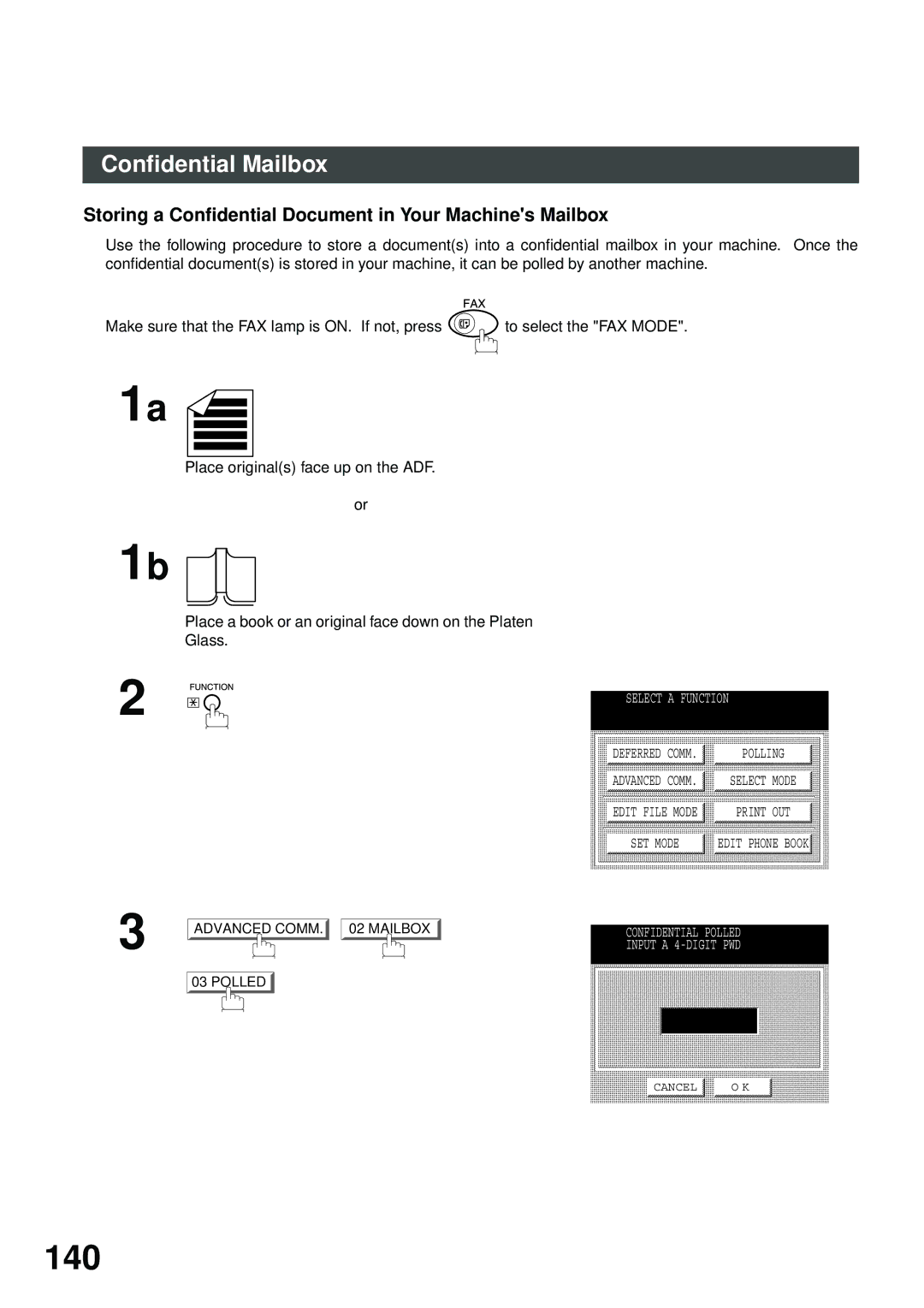 Panasonic DP-2500/3000 manual 140, Storing a Confidential Document in Your Machines Mailbox 