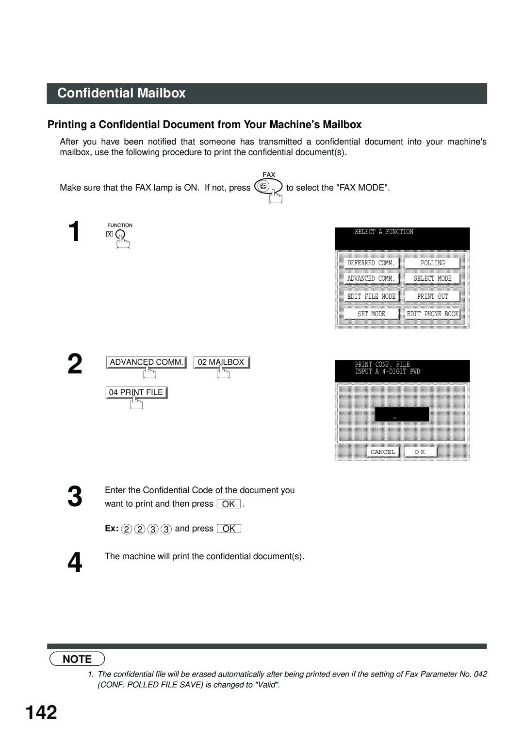 Panasonic DP-2500/3000 manual 142, Printing a Confidential Document from Your Machines Mailbox 