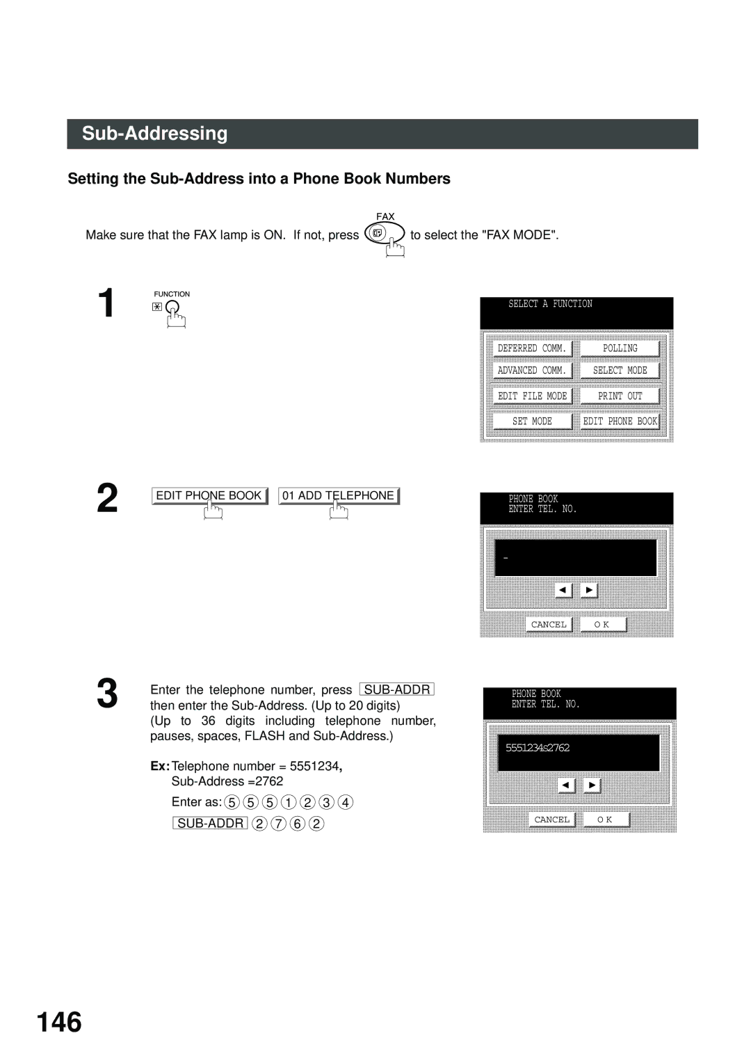 Panasonic DP-2500/3000 manual 146, Setting the Sub-Address into a Phone Book Numbers 