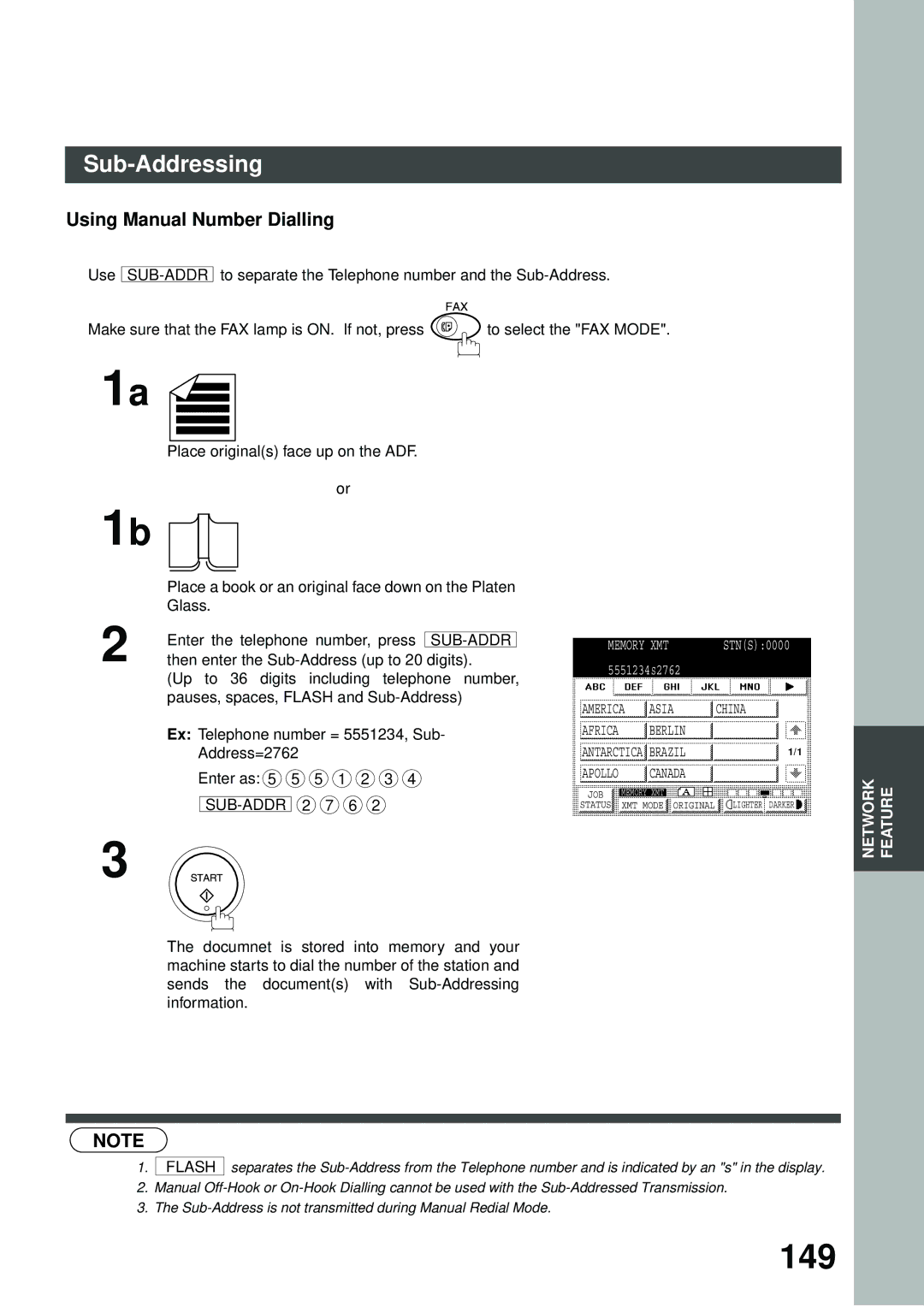 Panasonic DP-2500/3000 manual 149, Using Manual Number Dialling, Then enter the Sub-Address up to 20 digits 