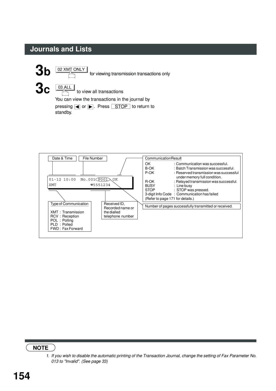 Panasonic DP-2500/3000 manual 154, Journals and Lists, For viewing transmission transactions only 