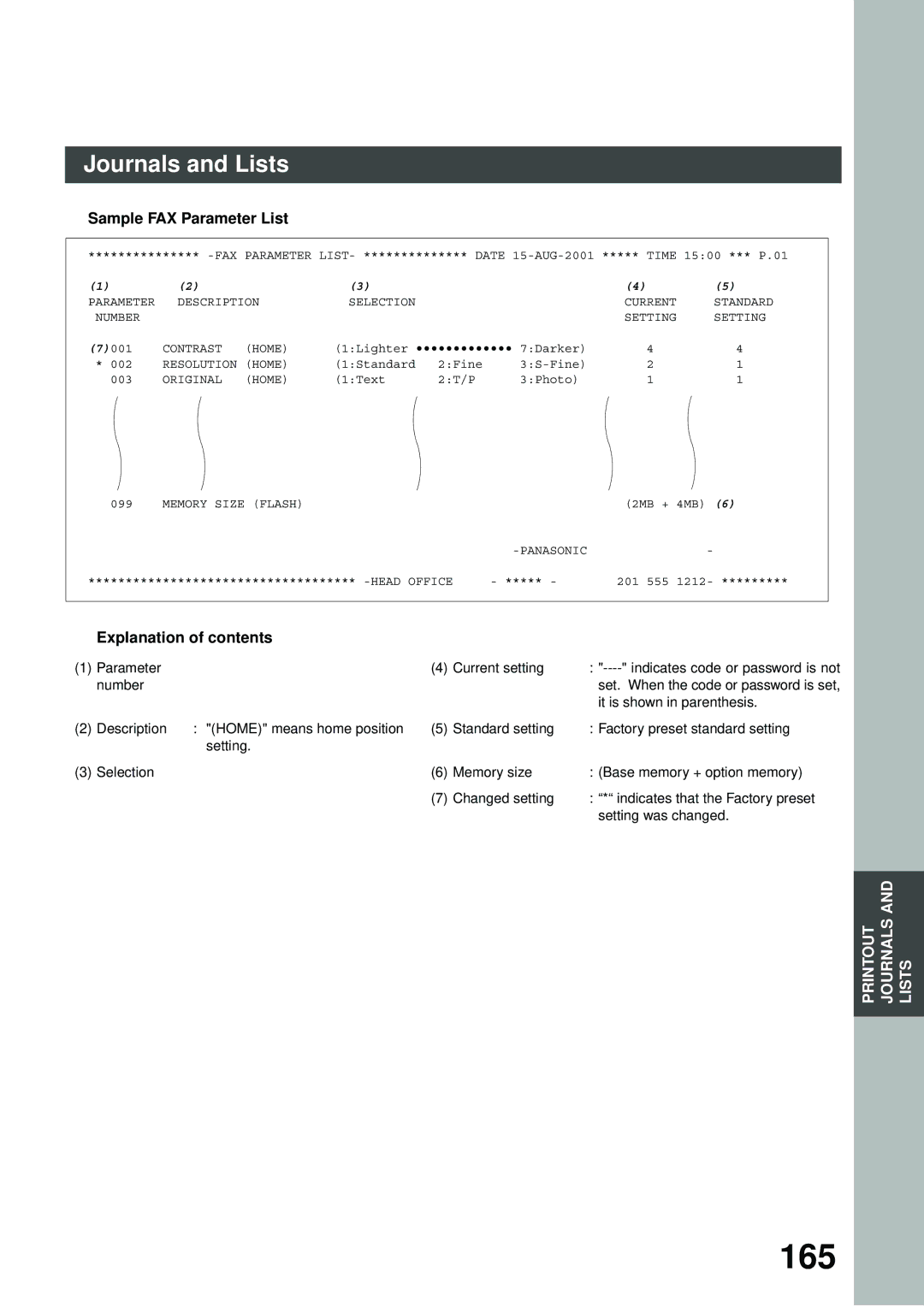 Panasonic DP-2500/3000 manual 165, Sample FAX Parameter List 