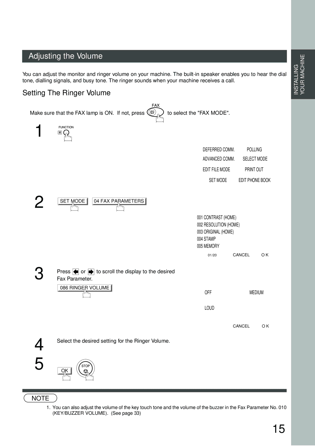 Panasonic DP-2500/3000 Adjusting the Volume, Setting The Ringer Volume, Select the desired setting for the Ringer Volume 