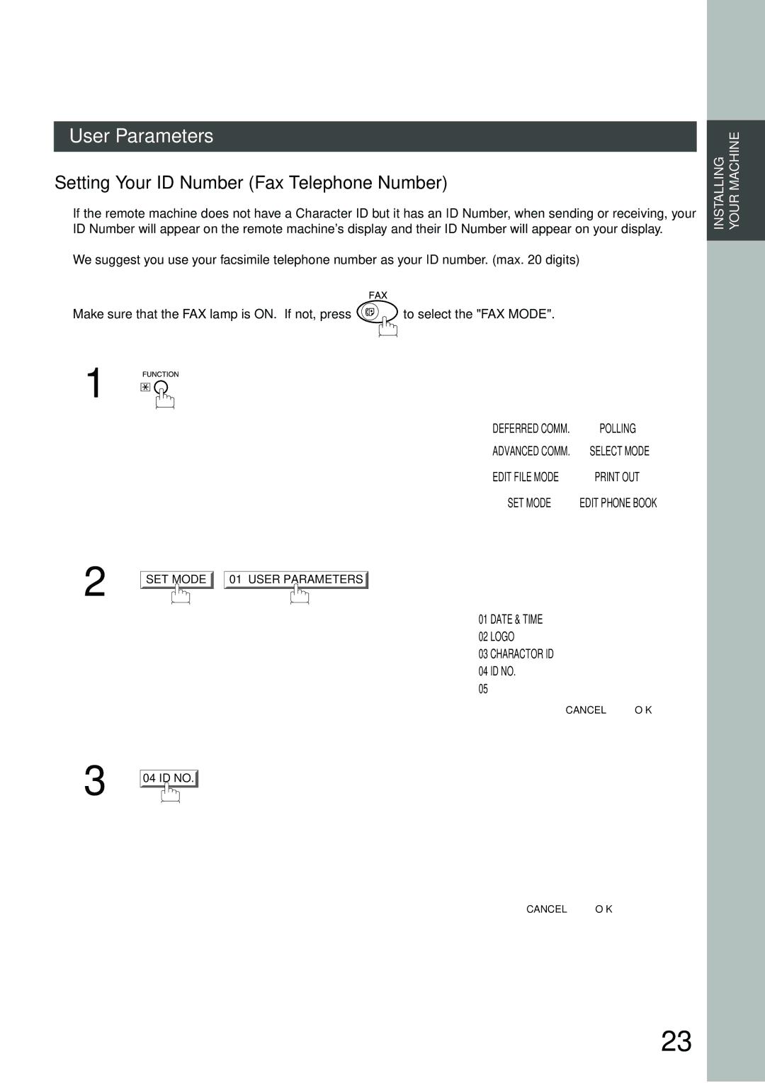 Panasonic DP-2500/3000 manual Setting Your ID Number Fax Telephone Number, User Parameters ID no 