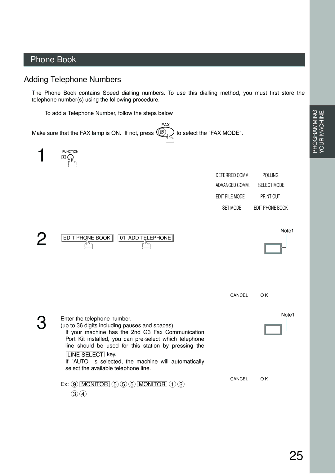 Panasonic DP-2500/3000 manual Phone Book, Adding Telephone Numbers, To add a Telephone Number, follow the steps below 