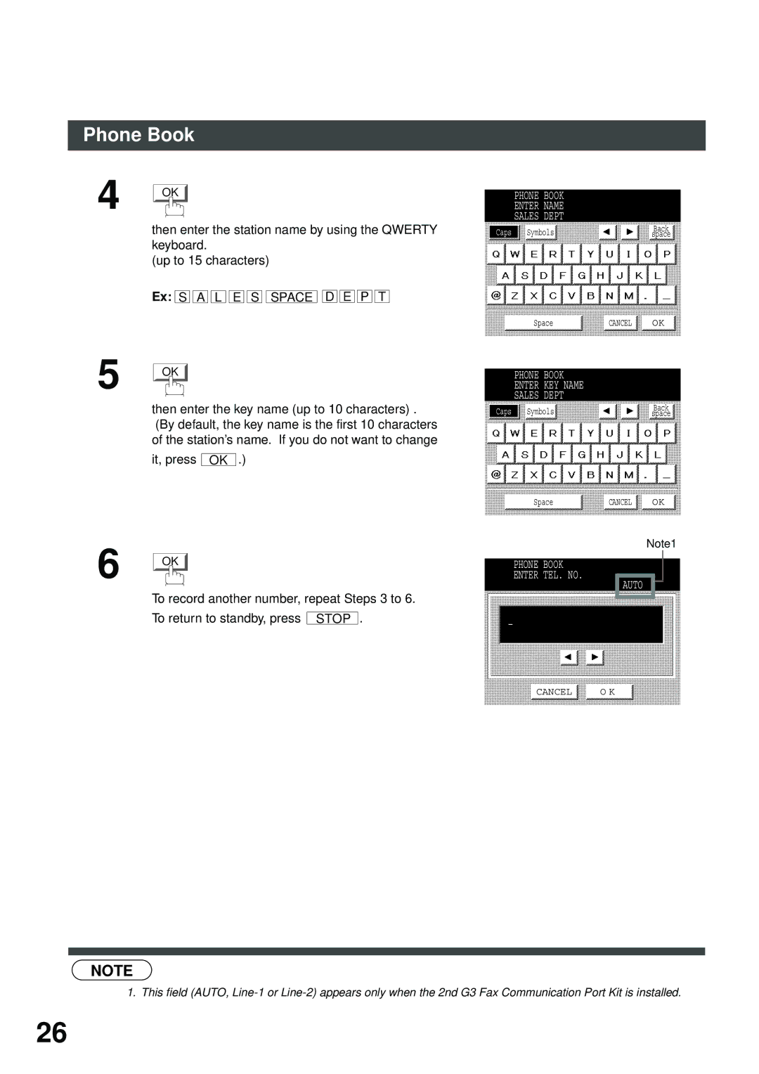 Panasonic DP-2500/3000 manual Phone Book Enter Name Sales Dept, Phone Book Enter KEY Name Sales Dept 