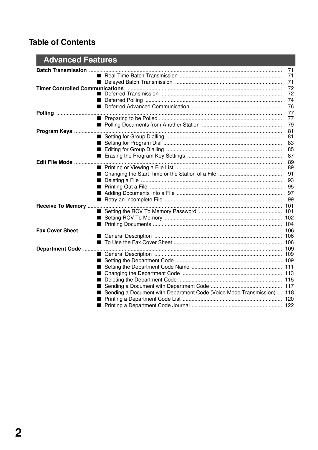 Panasonic DP-2500/3000 manual Advanced Features, Table of Contents 