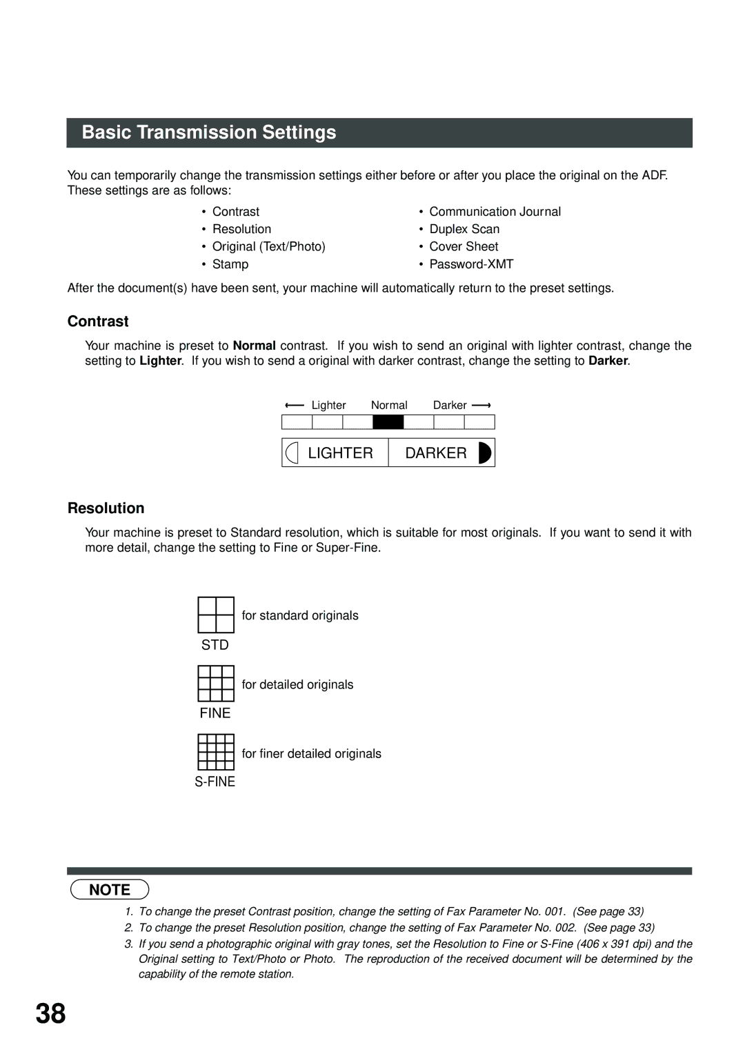 Panasonic DP-2500/3000 manual Basic Transmission Settings, Contrast, Resolution, For detailed originals 