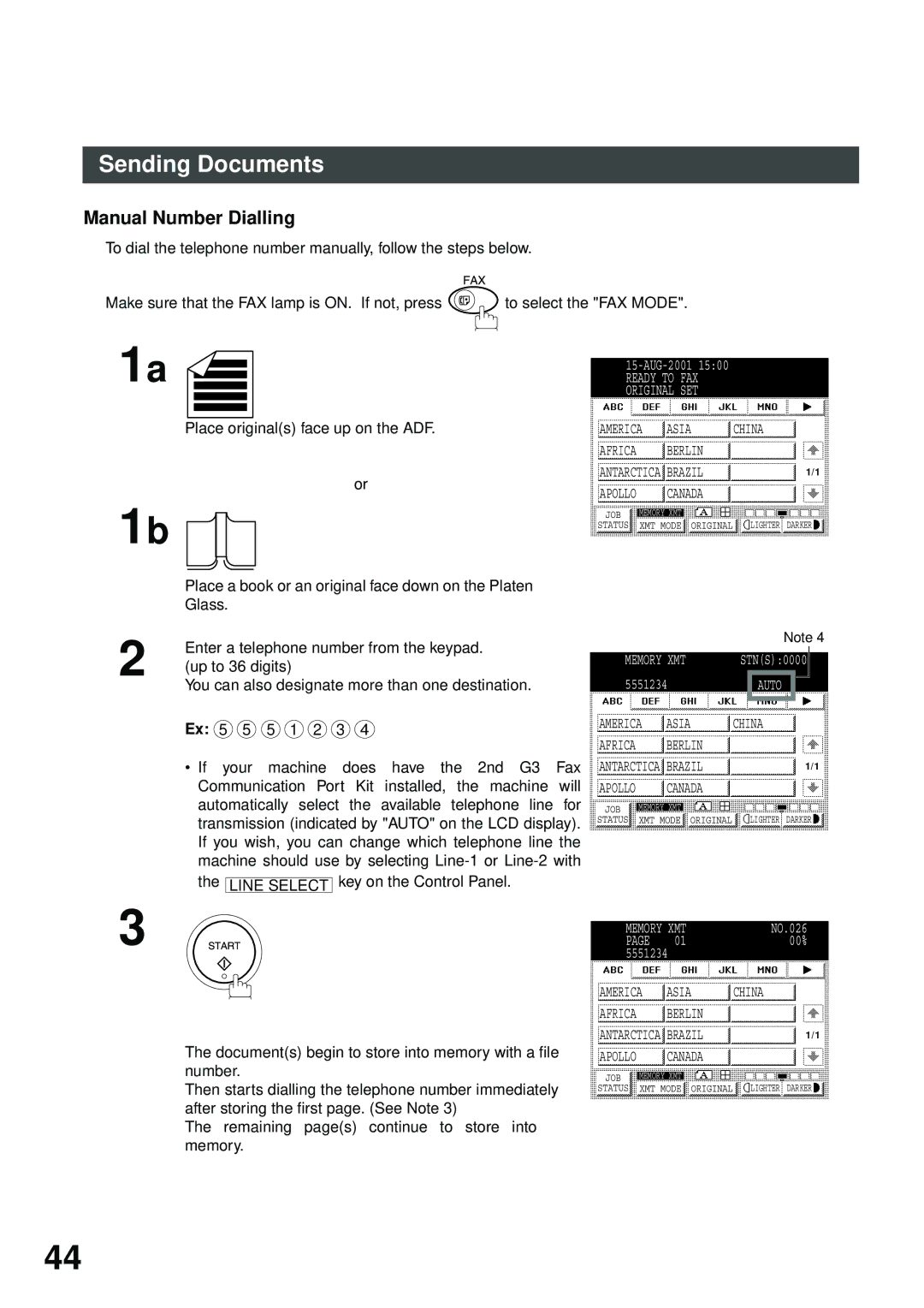 Panasonic DP-2500/3000 manual Manual Number Dialling, Place originals face up on the ADF 